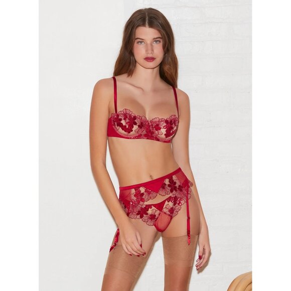 Fleur du Mal Violet Balconette Bra + Garter + Thong in Rouge - Picture 2 of 4